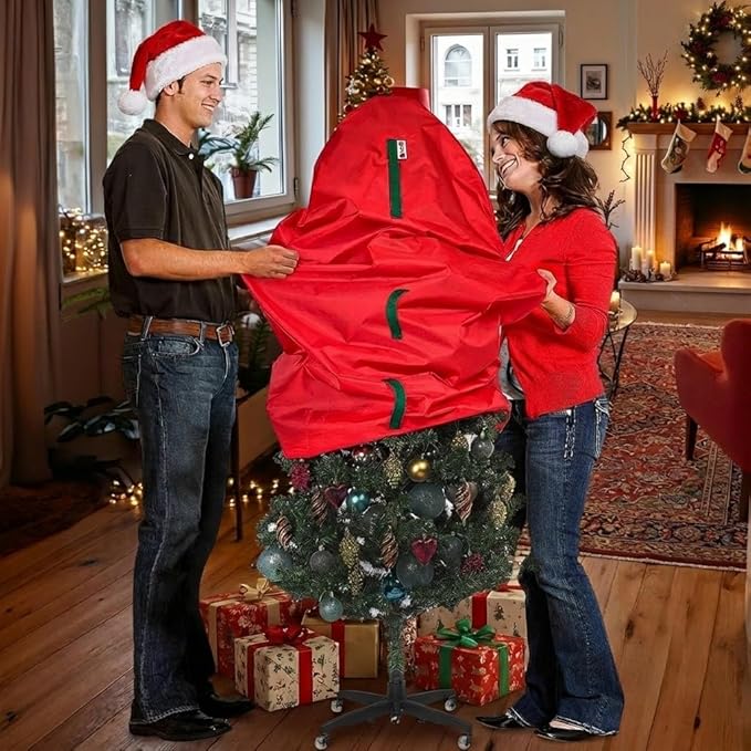 Upright Christmas Tree Storage Bag - Fits 4 Ft Artificial Xmas & Topiary Tree, Vertical Holiday Cover, Durable, Dustproof & Easy-Use Xmas Storage, Red
