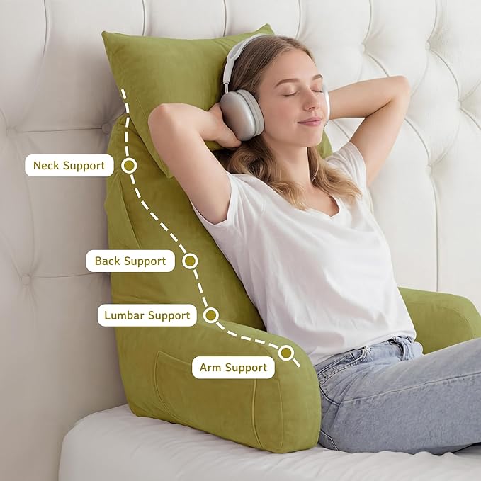 Unisakey Portable Reading Pillows with Headrest for Bed Sitting Up(Pale Green Oeko-Tex), Velvet Back Pillow with Arms & Pockets for Adults, Support Memory Foam Bed Pillow for Dorm/Watching/Gaming