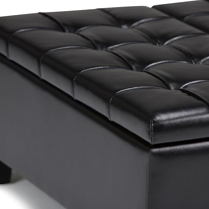 SIMPLIHOME Harrison Coffee Table Storage Ottoman - 36 inch Wide Upholstered Vegan Leather Square Lift-Top Ottoman in Midnight Black, Transitional Ottoman for Living Room with Hidden Storage