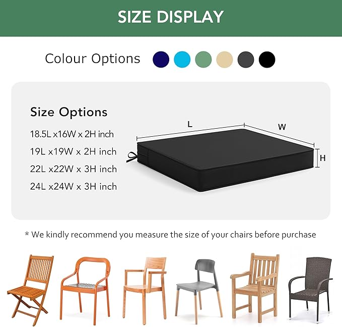 Outdoor Chair Cushions Set of 2: Waterproof & Fade Resistant Seat Cushion for Patio Furniture - 19 x 19 x 2 Inch Chair Pads with Ties and Hidden Zipper - Patio Chair Cushion Replacement, Black