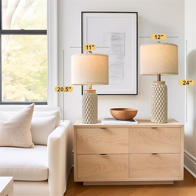 USumkky 24" Modern Ceramic Bedside Lamp Set of 2 for Bedroom Decor Farmhouse Table Lamp for Living Room Office Dorm