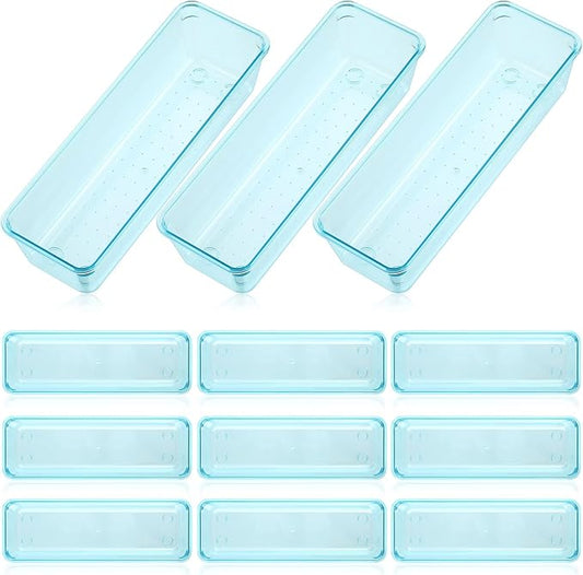 Maitys 12 Pcs Clear Drawer Organizer 9 x 3 x 2 Inches Plastic Rectangle Trays Makeup Vanity Storage Bins and Kitchen Drawers Dividers for Office Desk Silverware Kitchen Utensils(Blue)