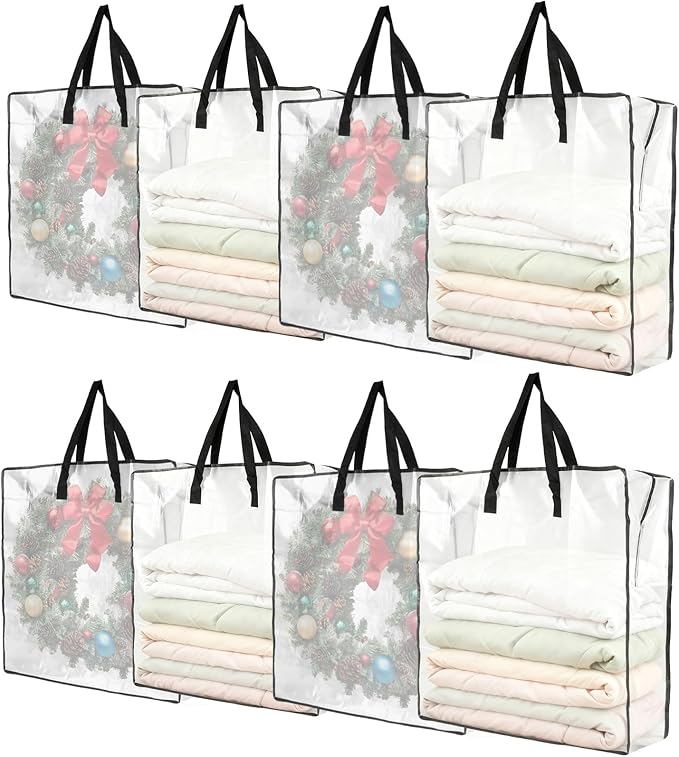 Garvee 8 Pack Clear Plastic Christmas Wreath Storage Bags with Sturdy Handles and Zipper, Wreath Storage Container for Holiday Garlands, Gifts, and Christmas Decorations