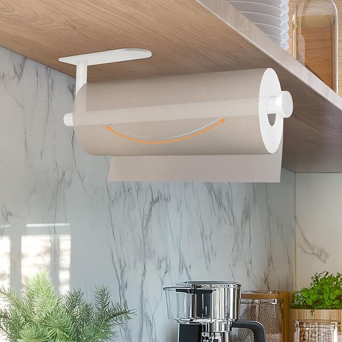 Paper Towel Holder with Damping Function, Paper Towel Holder Under Cabinet Self-Adhesive or Drilling, Wall Mounted Napkin Roll Holder for Kitchen Bathroom Rv Camping, Stainless Steel (White)