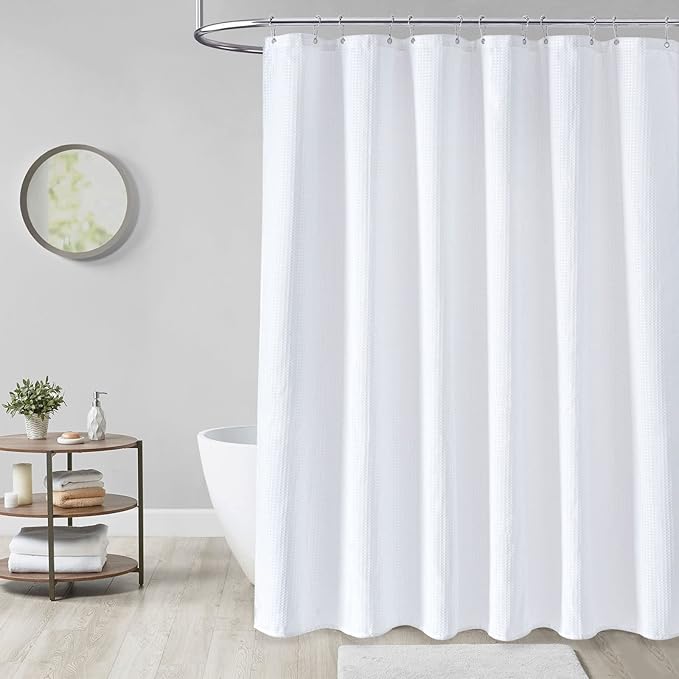 Dynamene Stall Fabric Shower Curtain - 60 x 84 inch Long Waffle Weave Weighted Thick Cloth Shower Curtain for Bathroom, Neutral Heavy Duty Hotel Spa Luxury Shower Curtain Set with 10 Hook, White