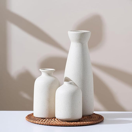 Ceramic Small Vase Set of 3,Modern Boho Farmhouse Home Decor,Pampas Grass Vase,Minimalist Decor,for Entryway Table,Bookshelf,Living Room, Bedroom,Kitchen,Coffee Table Decoration (White)