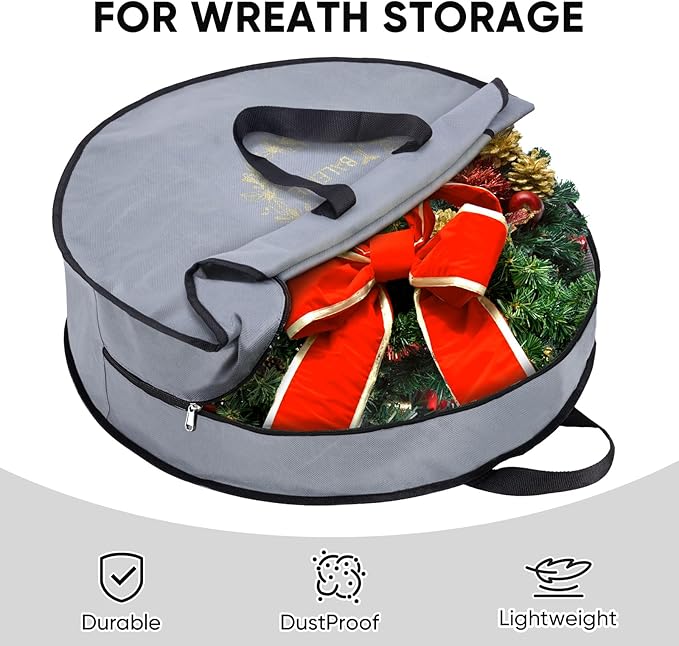 BALEINE 2 Pack Wreath Storage Container, Christmas Wreath Storage Bag with Reinforced Handle for Holiday Xmas (Grey, 24"X8")