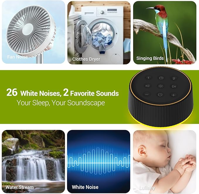 BGOVERSS White Noise Machine, 26 Hi-Fi Soothing Sounds & 10 Colors Night Light Sound Machine for Sleeping Adults, Baby & Kids, Portable Sleep Machine with 6 Timers, Noise Canceling for Home Office