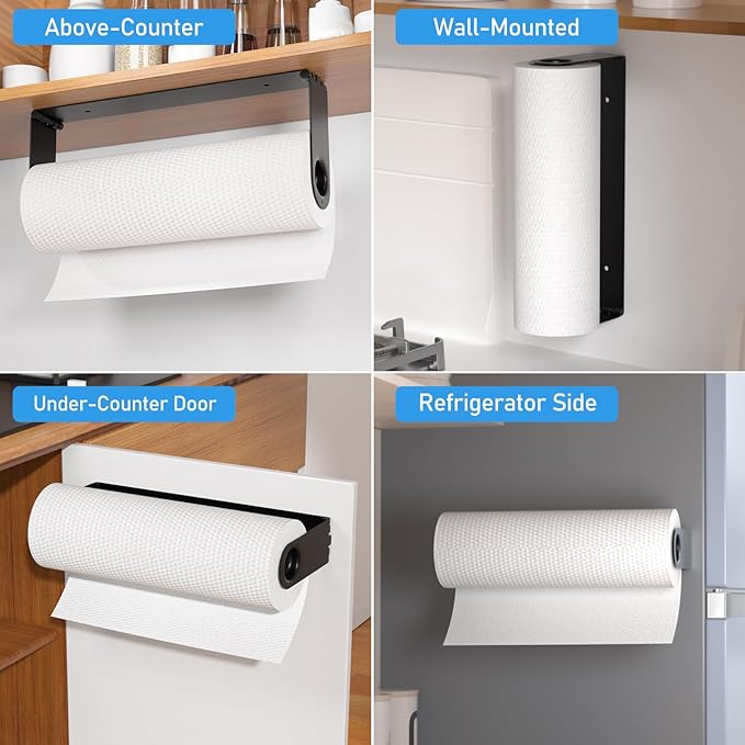 Paper Towel Holder Under Cabinet, Wall Mount Paper Towels Holder for Kitchen Under Counter, Self Adhesive and Drilling, Heavy-Duty Hanging Paper Towel Roll Holder Inside Cabinet Door, Black