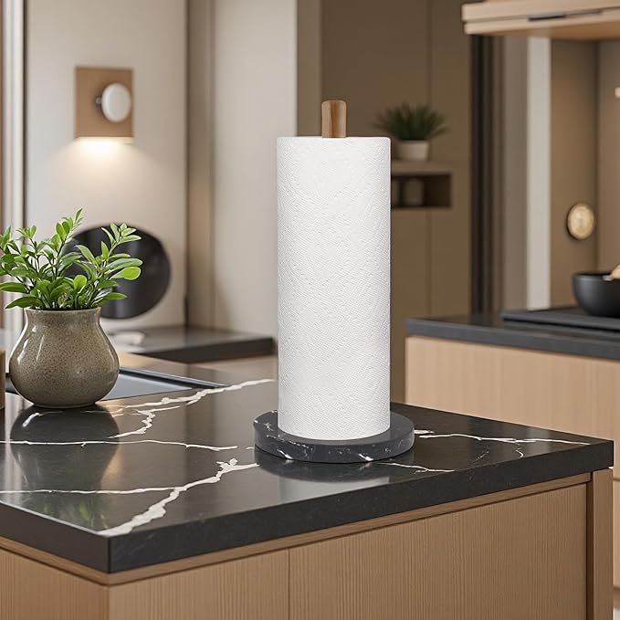 Buruis Wood Paper Towel Holder, Marble Base Modern Decorative Countertop Standing Rolls Holder for Kitchen, Toilet, Pantry and Bathroom (Marble Base Black)
