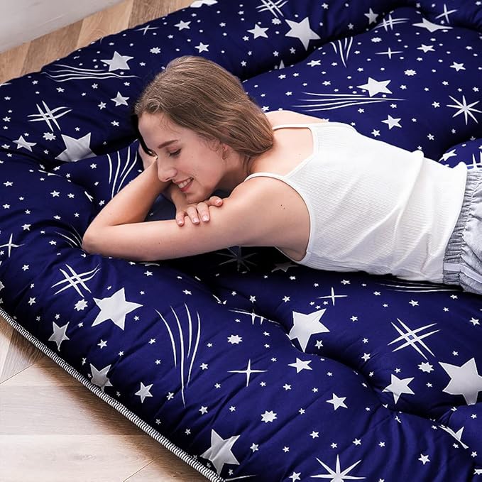 MAXYOYO Navy Starry Sky Japanese Floor Futon Mattress, Tatami Mat Portable Camping Mattress Kids Sleeping Pad Foldable Roll Up Floor Lounger Couch, King Size