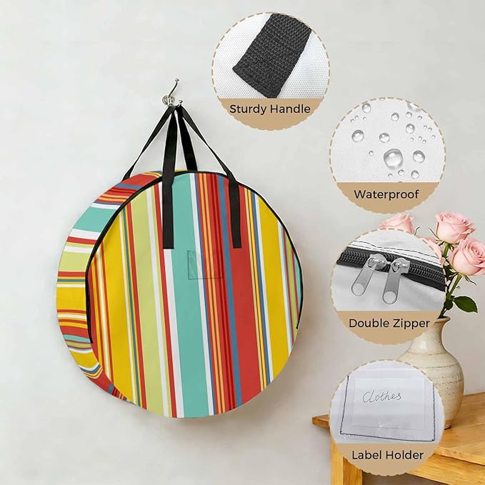 Storage Bag Colorful Stripes Round Storage Totes Bins Closet Organizers with Zippers & Handle Boho Style Striped Clothes Storage Container for Bedroom Dorm Space Saving Packing Supplies Moving Bags
