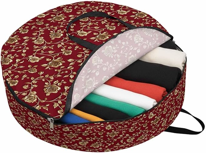Yellow Roses Round Storage Bag 24 Inch, Christmas Xmas Red Background Clothes Storage Container with Handles Heavy Duty Organizer for Comforter, Bedding & Holiday Wreaths