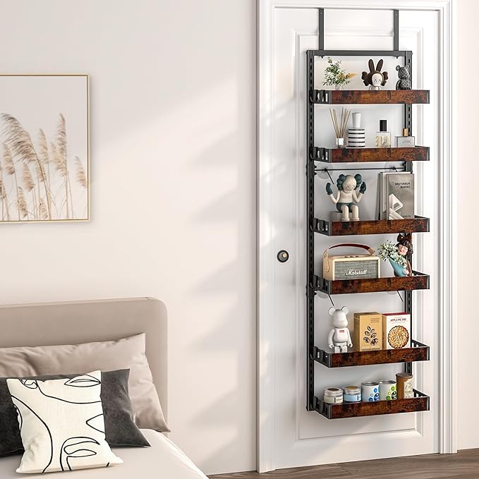 BUKFEN 6-Tier Over the Door Pantry Organizer, 2-in-1 Door Hanging or Wall Mounted Spice Rack, Heavy Duty Metal Storage Shelves with Adjustable Wooden Baskets for Kitchen Bathroom Closet