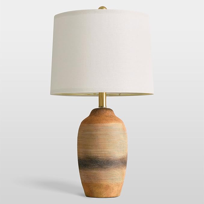 24.5" Handcrafted Ceramic Table Lamp with 5FT Cord, Single Farmhouse Vintage Rustic Bedside Lamp for Living Room Bedroom, Linen Shade Nightstand End Table Decor (Bulb Not Included)Earthy Yellow