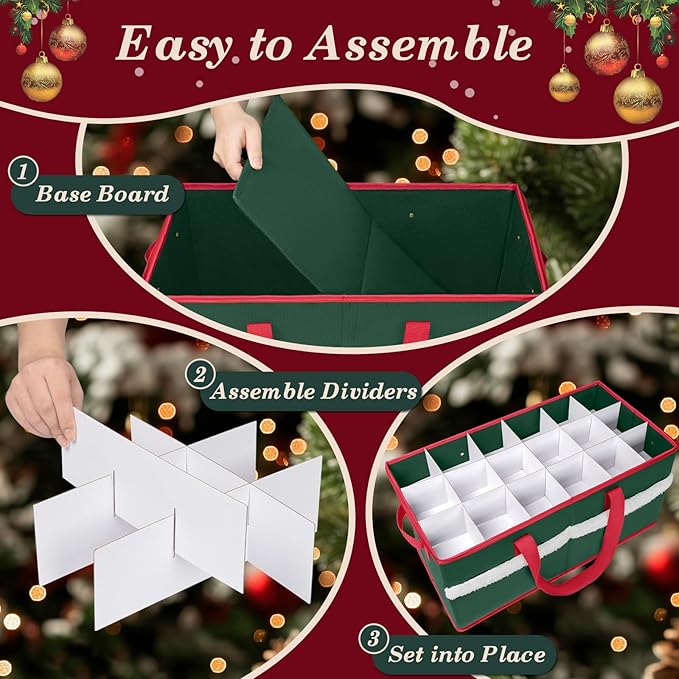 Christmas Ornament Storage Box with Adjustable Dividers Zippered Top Stores up to 54 Holiday Ornaments (4 Inch) Xmas Ball Decorations Organizer Storage Container Bin
