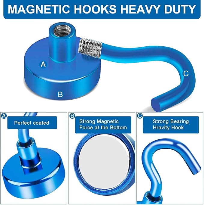 LOVIMAG 6 Pack 85LB Magnetic Hooks, Strong Cabin Ship Essentials Hook Heavy Duty Refrigerator Fridge Magnets Hanging for Classroom Beach Vacation Kitchen Grills Home Blue