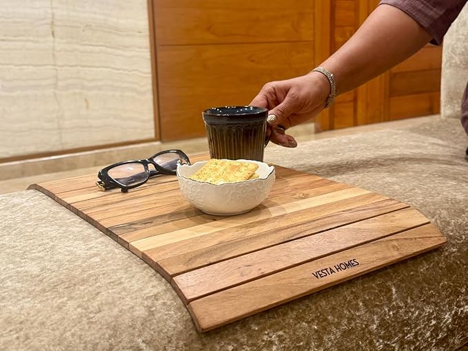 Vesta Homes Sofa Armrest Tray |Premium Acacia Wood | Flexible and Foldable Sofa Tray, Couch Arm Table and Armrest |Suitable for Food/Drinks/Snacks/Cup Coaster | 20 * 12 Inches | Handcrafted in India