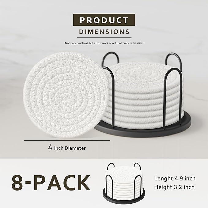 Coasters Set of 8 for Drinks, Beer, Coffee, Cotton Woven Absorbent Coaster with Holder, Boho Coasters for Home Decor Tabletop Protection Suitable for Kinds of Cups, White