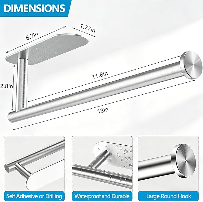 Paper Towel Holder Under Cabinet - Self Adhesive Paper Towel Roll Holder Wall Mount, Gewtur Stainless Steel Paper Towel Holder for Kitchen Bathroom
