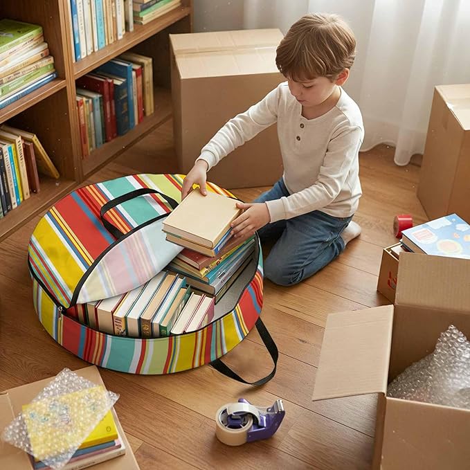 Storage Bag Colorful Stripes Round Storage Totes Bins Closet Organizers with Zippers & Handle Boho Style Striped Clothes Storage Container for Bedroom Dorm Space Saving Packing Supplies Moving Bags
