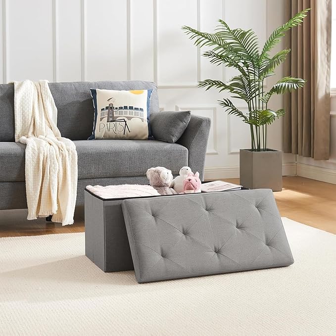 VECELO 30'' Folding Storage Ottoman Bench, Storage Chest, Linen Fabric Foot Rest Stool, 110L Storage Footstools for Bedroom and Living Room, Holds up to 440 lbs, Grey