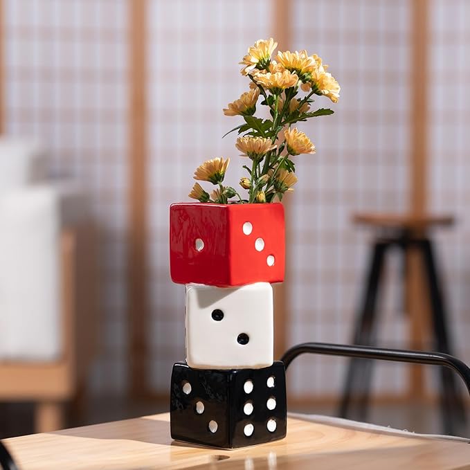 MOUGIGI Funky Dice Vase - Unique Ceramic Home Decor for Bars| Stylish Black, White & Red Geometric Design | Perfect for Fresh, Dried, or Artificial Flower Arrangements | Ideal Gift for Art Lovers