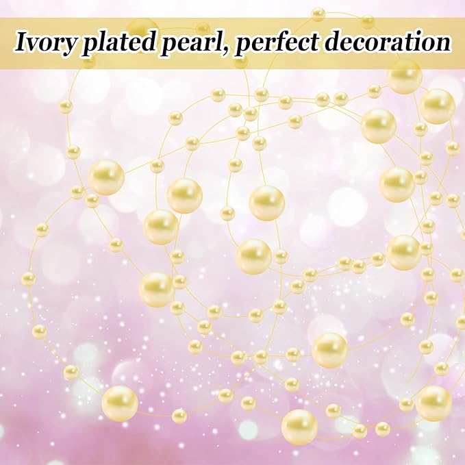 Tondiamo 24 Pcs Artificial Pearl String for Floating Candle Faux Pearls Beads String Garland Centerpiece Decoration for Vases Filler Wedding Spring Holiday Party Decor(Light Gold)
