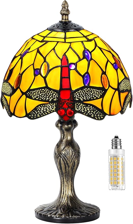 MIAOKE Stained Glass Table Lamp,Stained Glass Crystal Bead Style Table Light,Handmade Desk Bedside Night Light,Antique Art Craft Gifts Lover Living Room Bedroom Bookcase (Orange Dragonfly)