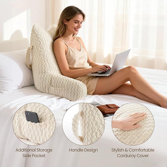 Reading Pillow for Bed Sitting Up, Backrest Pillow with Shredded Memory Foam Filling, Back Support Cushion, Bed Rest Pillow with Arms, Pockets and Washable Cover-Beige