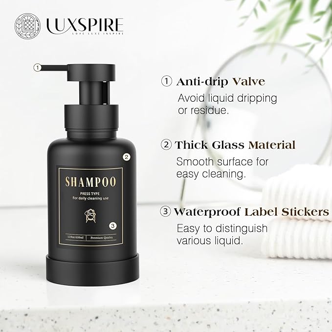 Luxspire Foaming Soap Dispenser, Glass Foam Pump Soap Dispenser, Non-Slip Hand Soap Bottle with 5 Waterproof Labels, 15 Oz Refillable Liquid Soap Bottle for Bathroom & Kitchen, Black+White, 2 Pack