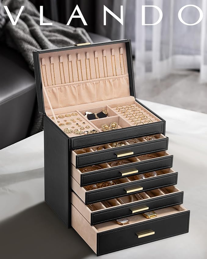 Vlando 6 Layer Large Jewelry Box - Jewelry Holder Organizer, Jewelry Box Organizer for Drawer Necklace Ring Bracelet and Watch, Birthday Gift for Loved Ones - Black
