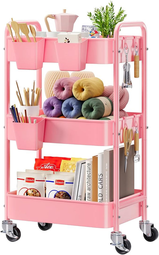 3 Tier Rolling Cart on Wheels, Metal Utility Storage Cart with Wheels, Three Tiered Craft Carts Organizer with Hanging Cups, Hooks, Mesh Basket for Bedside, Kitchen, Bathroom, Office, Art, Snack, Pink