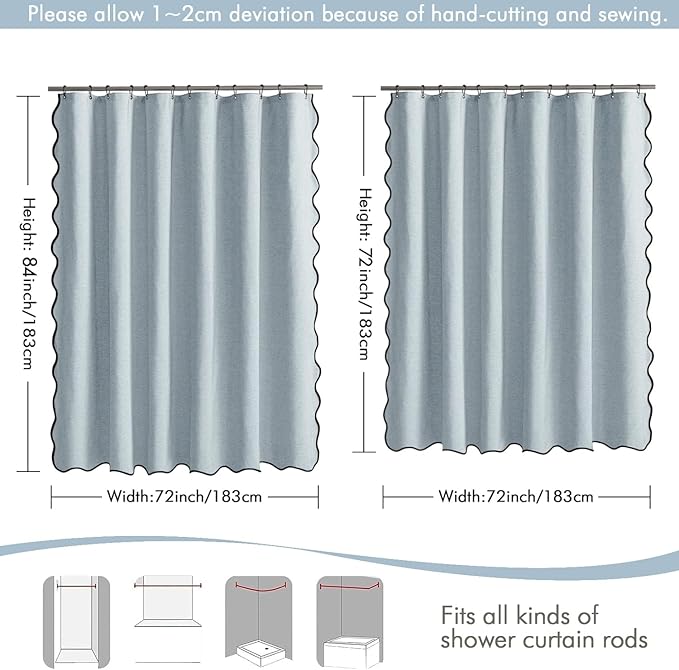 MIULEE Light Blue Scalloped Shower Curtain Linen Textured with 12 Metal Hooks Cute Heavy Duty Washable Waterproof Thick Cloth Shower Curtains with Black Border for Bathroom Hotel Bathtub,W72*L72