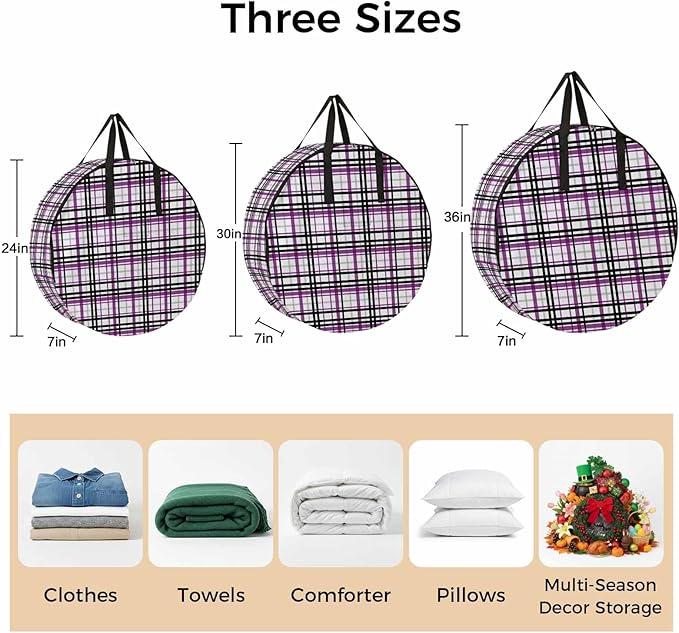 Storage Bag Purple Black Buffalo Plaid Round Storage Totes Bins Closet Organizers with Zippers & Handle Check Stripe Clothes Storage Container for Bedroom Dorm Space Saving Packing Supplies Bags