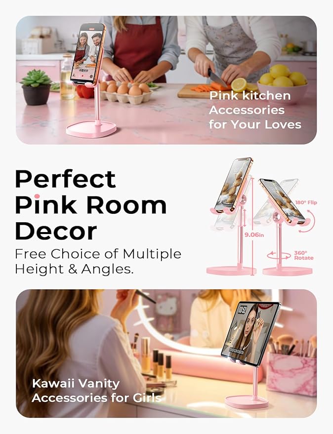 LISEN Pink Vanity Girls Room Decor Kitchen Decor and Accessories, Cute Pink Phone Stand Bathroom Essentials Decor Desk Accessories for Kindle Stand iPad mini Moms Gift Birthday Decorations 4-10 inch