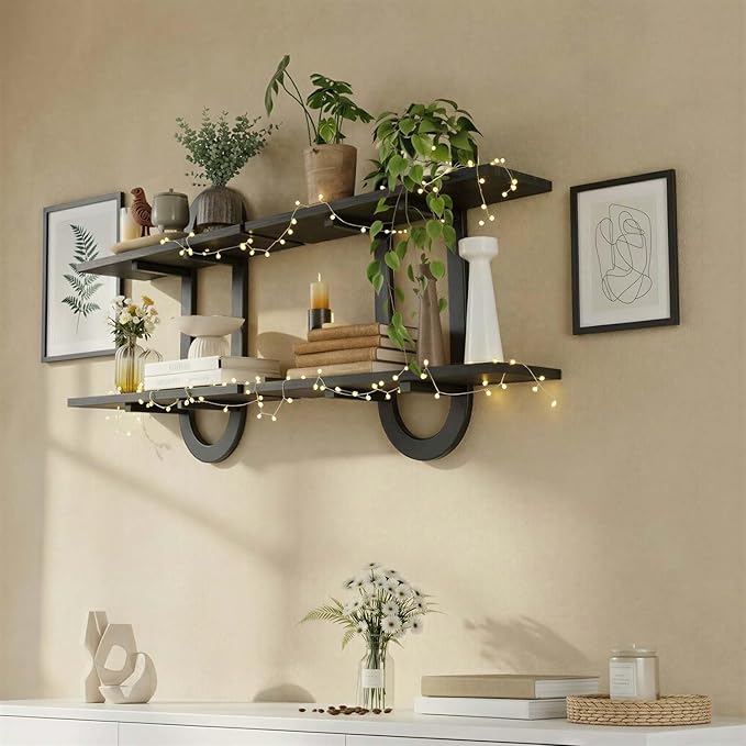 Floating Shelves, 2Pcs Wall Mounted Shelves with 2-Tier Bathroom Hanging Storage Shelves Set for Living Room Bedroom Bathroom Office Kitchen, Black