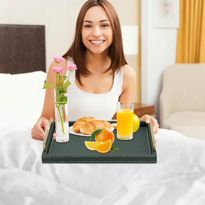 XIGEXIGE Green Decorative Serving Tray,Rectangular Tray for Coffee Table,Faux Leather Serving Tray with Handles for Ottoman,Shagreen Leather Tray for Bathroom