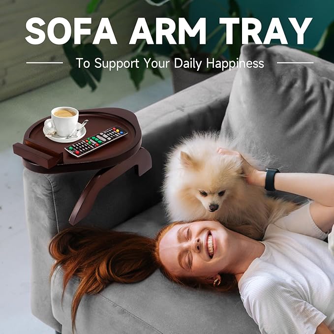 Couch Arm Tray Table,Bamboo Sofa Side Tables Clip-on Couch with 360° Phone Holder,Foldable Sofa Armrest Tray for Eating,Drink, Snacks, Coffee, TV,Remote