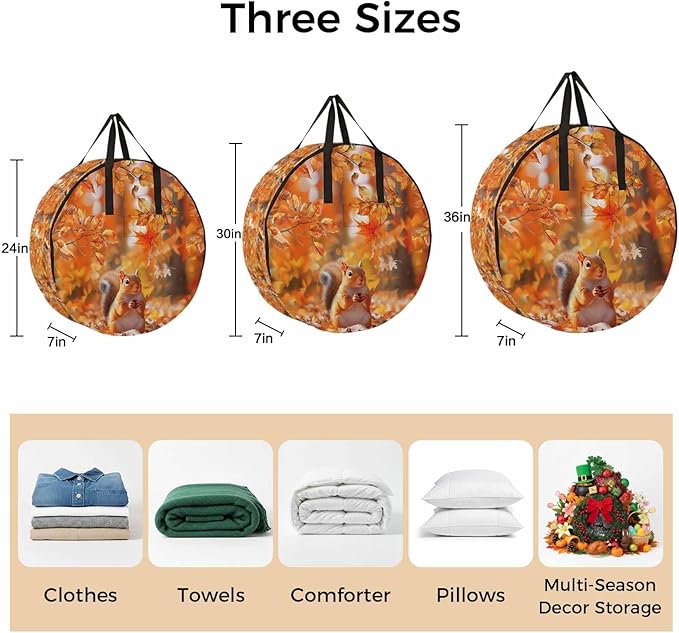 Orange Leaves and Squirrel Round Storage Bag 24 Inch, Fall Maple Leaf Thanksgiving Clothes Storage Container with Handles Heavy Duty Organizer for Comforter, Bedding & Holiday Wreaths