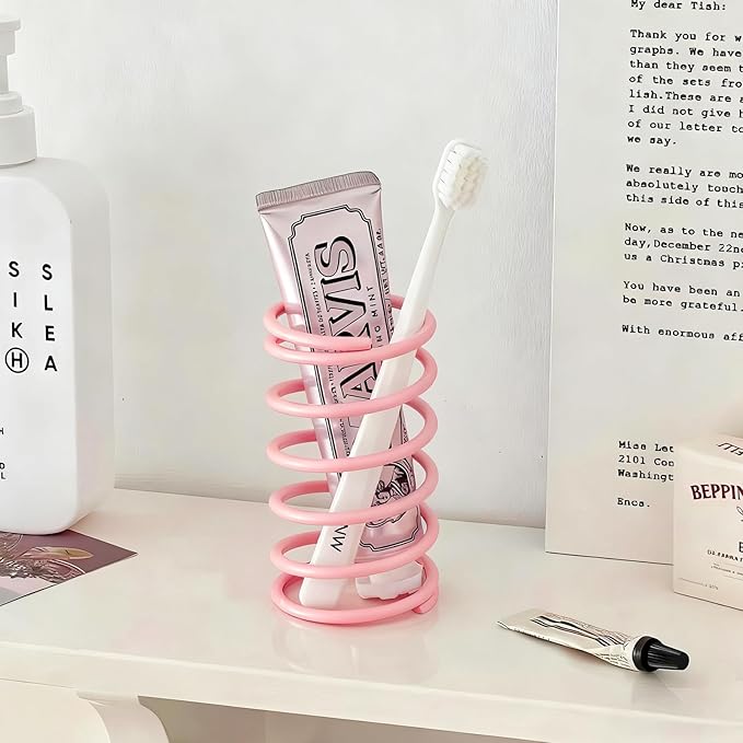 Spring Toothbrush Holder, Stainless Steel Spring Shaped Desktop Toothbrush Holder, Multifunctional Pen Holder Makeup Brush Toothbrush Storage for Bathroom Tabletop Dressing Table and Sink (Pink)
