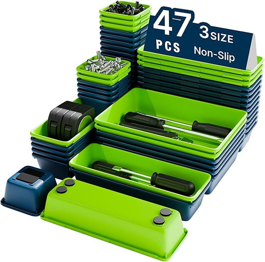 47pcs Tool Box Organizer, Tool Drawer Organizer Trays with Non-slip EVA Pads – Interlocking Divider Set, Fit Garage Storage Desk Drawers & Rooling Tool Cart (Blue & Green 47PCS)