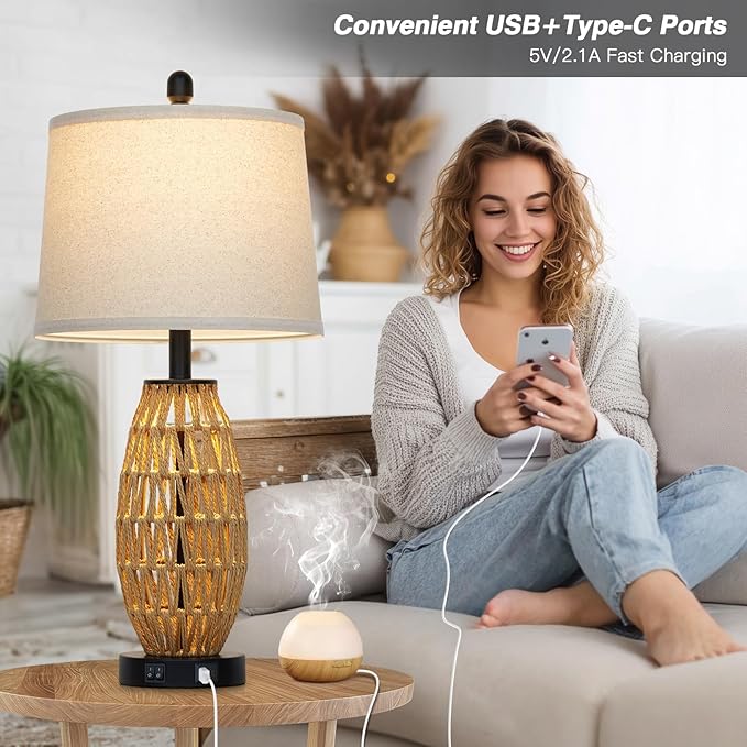 CINSARY 27" Boho Rattan Table Lamp with Night Light, Wicker Bedside Lamp with USB A+C Charging Port, Woven Coastal Bedroom Lamps for Nightstand, Tall Farmhouse Lamps for Living Room Single