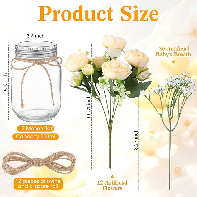 Zeyune 12 Sets Mason Jar Centerpiece Table Decorations, Artificial Peony Baby's Breath Flower Bouquets, Faux Flowers with Vase, Rustic Decor Gifts for Home, Wedding, Holiday (Champagne)