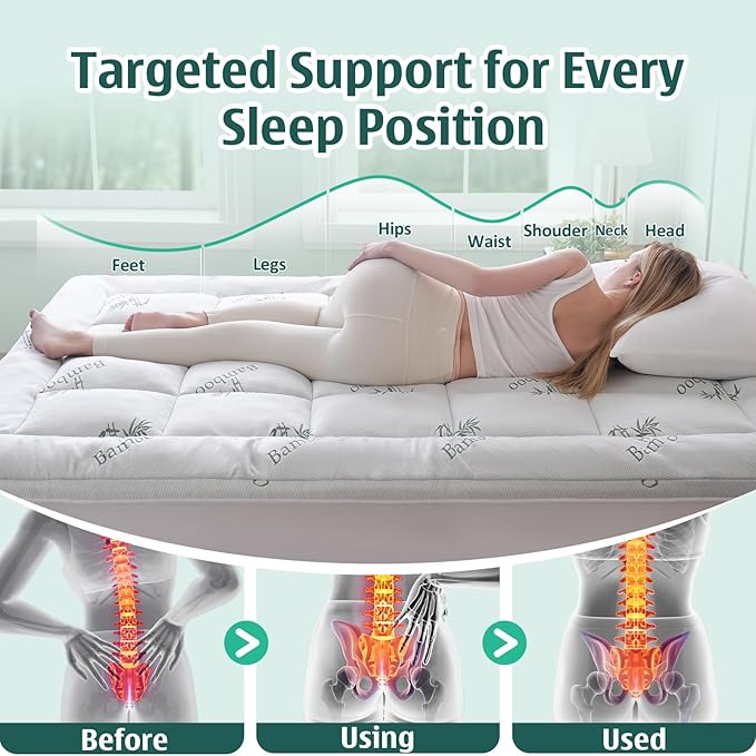 DOWNCOOL Memory Foam Mattress Topper Full, Cooling Pillow Top Mattress Pad with Viscose Derived from Bamboo, Back Pain Relief, Deep Pocket Fits 8–21 Inch