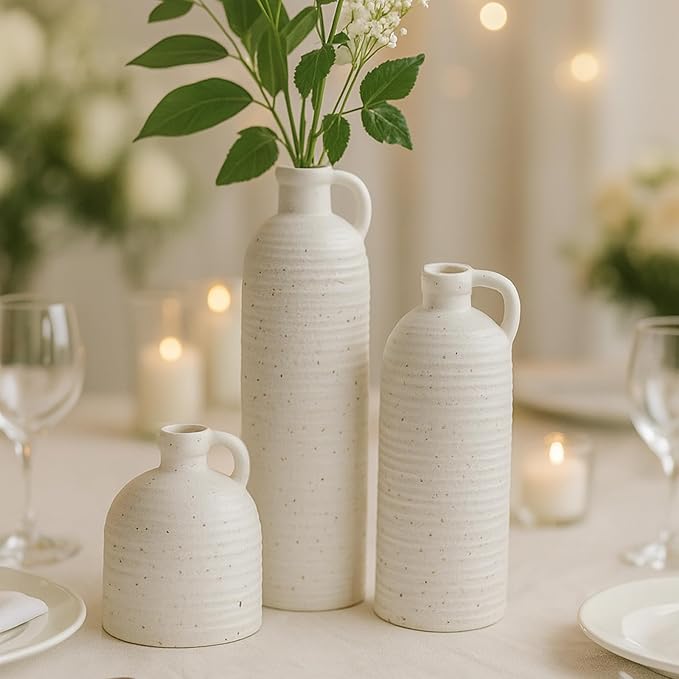White Ceramic Vase Set of 3 with Handle – Ribbed and Dotted Jug Vases for Rustic Farmhouse Table Centerpiece, Shelf & Mantel Decor