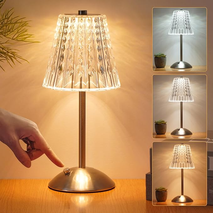 Nusogon Cordless Touch Table Lamp, LED Rechargeable Small Dask Lamp, 3 Colors Dimmable Battery Operated Crysta Lamp for Bedroom Restaurant Kitchen Home Decor,Silver