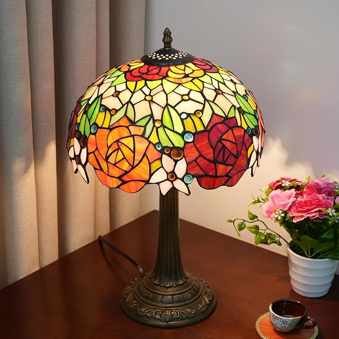 Tiffany Lamp Rose Flower Stained Glass Table Lamp 12X12X18 Inches Rose Style Desk Reading Light Decor Bedside Bedroom Living Room Home Festival Birthday Valentine's Day Christmas Gift