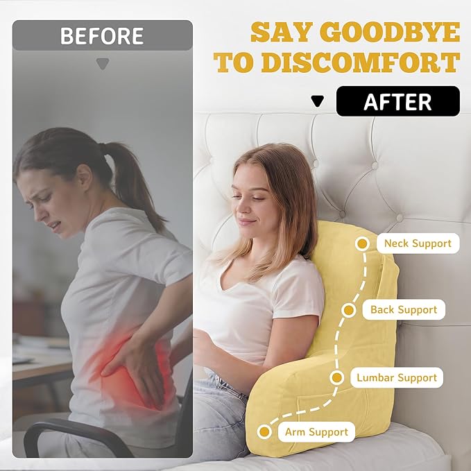 Unisakey Portable Comfy Reading Pillows for Bed Sitting Up(Yellow Oeko-Tex), Velvet Back Pillow with Arms & Pockets for Adults, Support Memory Foam Bed Pillow for Dorm/Reading/Watching/Gaming