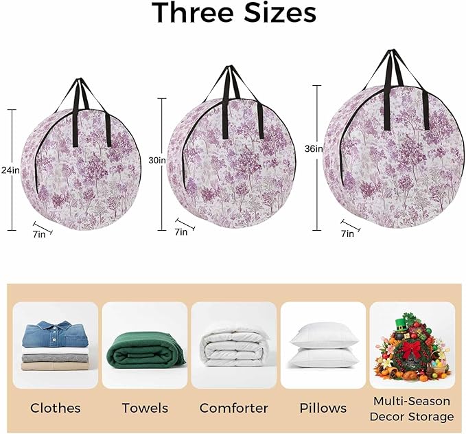 Storage Bag Maple Tree Pine Round Storage Totes Bins Closet Organizers with Zippers & Handle Watercolor Plants Purple Clothes Storage Container for Bedroom Dorm Space Saving Packing Supplies Bags
